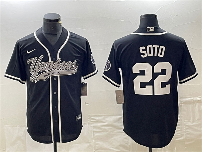 Men's New York Yankees #22 Juan Soto Black Cool Base Stitched Baseball Jersey Men's New York Yankees #22 Juan Soto Black Cool Base Stitched Baseball Jersey